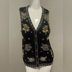 Vintage Women’s SML Sport LTD Black & Gold Embroidery Sweater Vest Size M